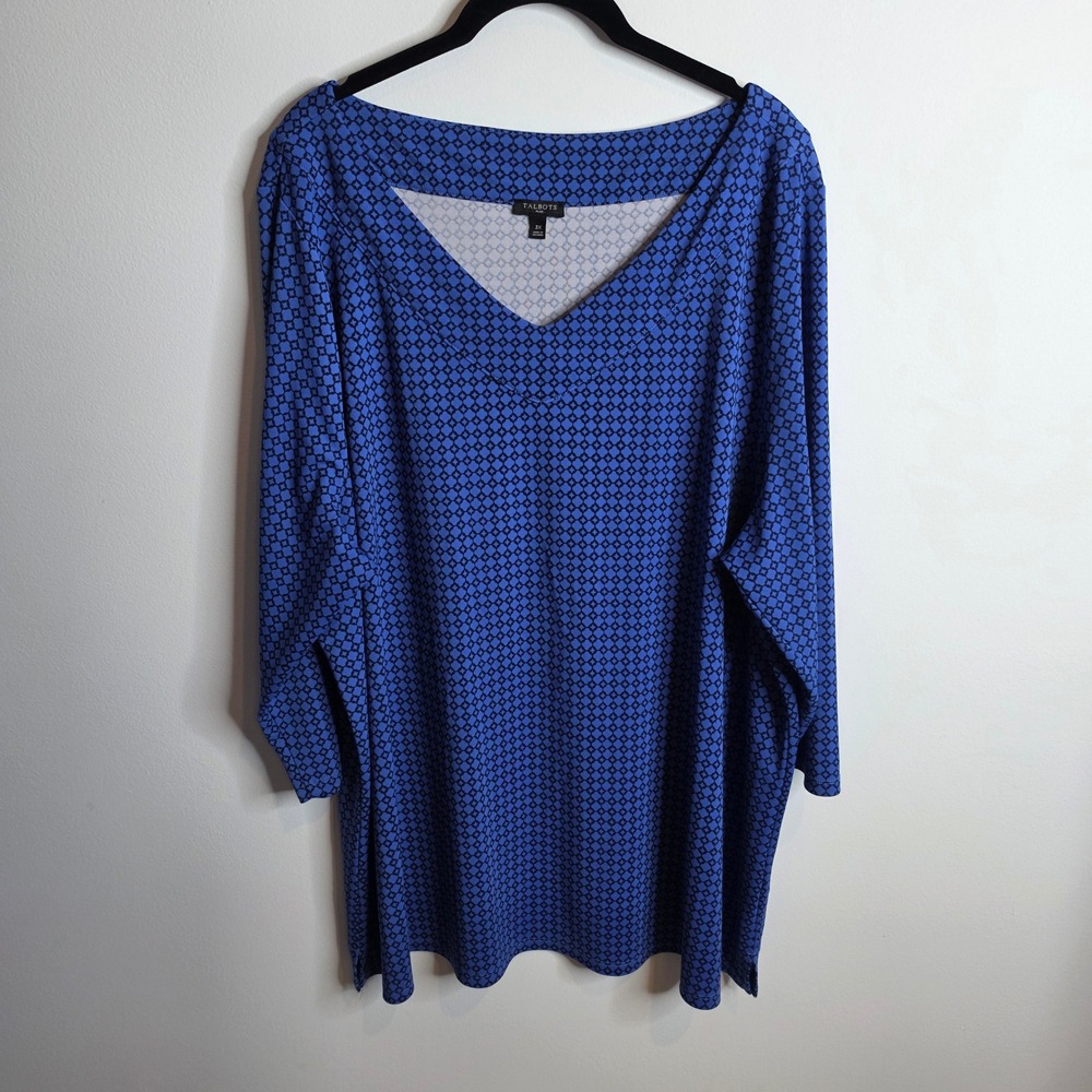 Talbots V-Neck Geometric Print Top Women 3X Blue Long Sleeve Tunic